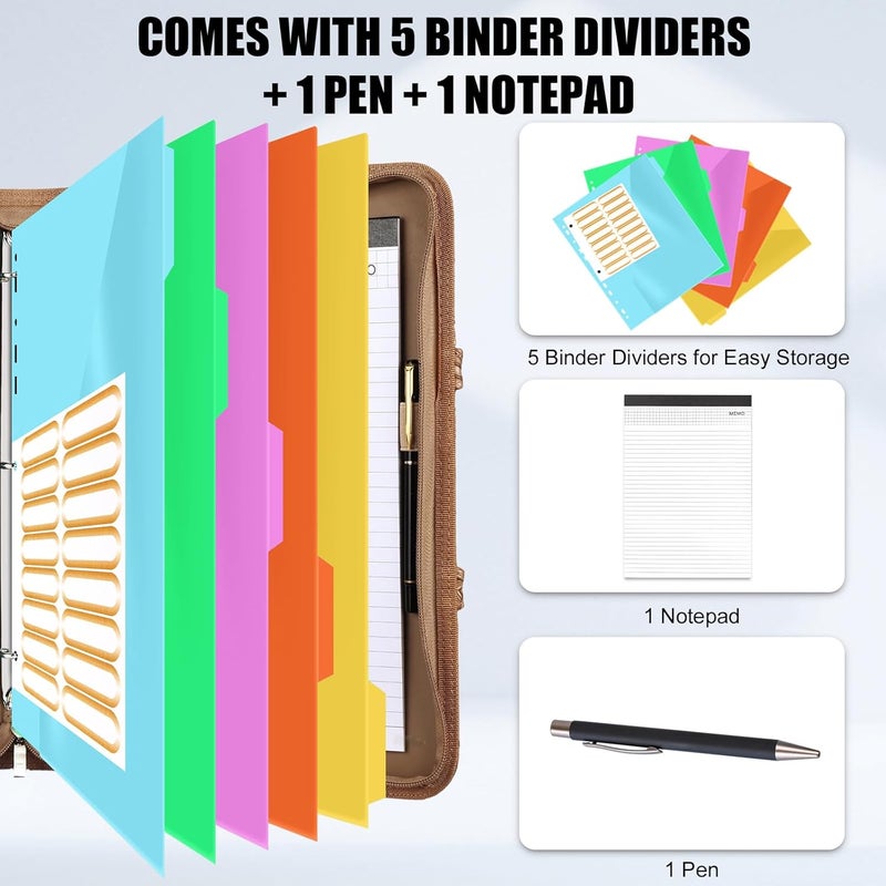 NATISERAUM Portfolio Binder - 3 Ring Binder with Handle, Vegan Leather Business Padfolio Folder with Notepad, Includes 5 Dividers with 10 Pockets for Documents Files - Image 3